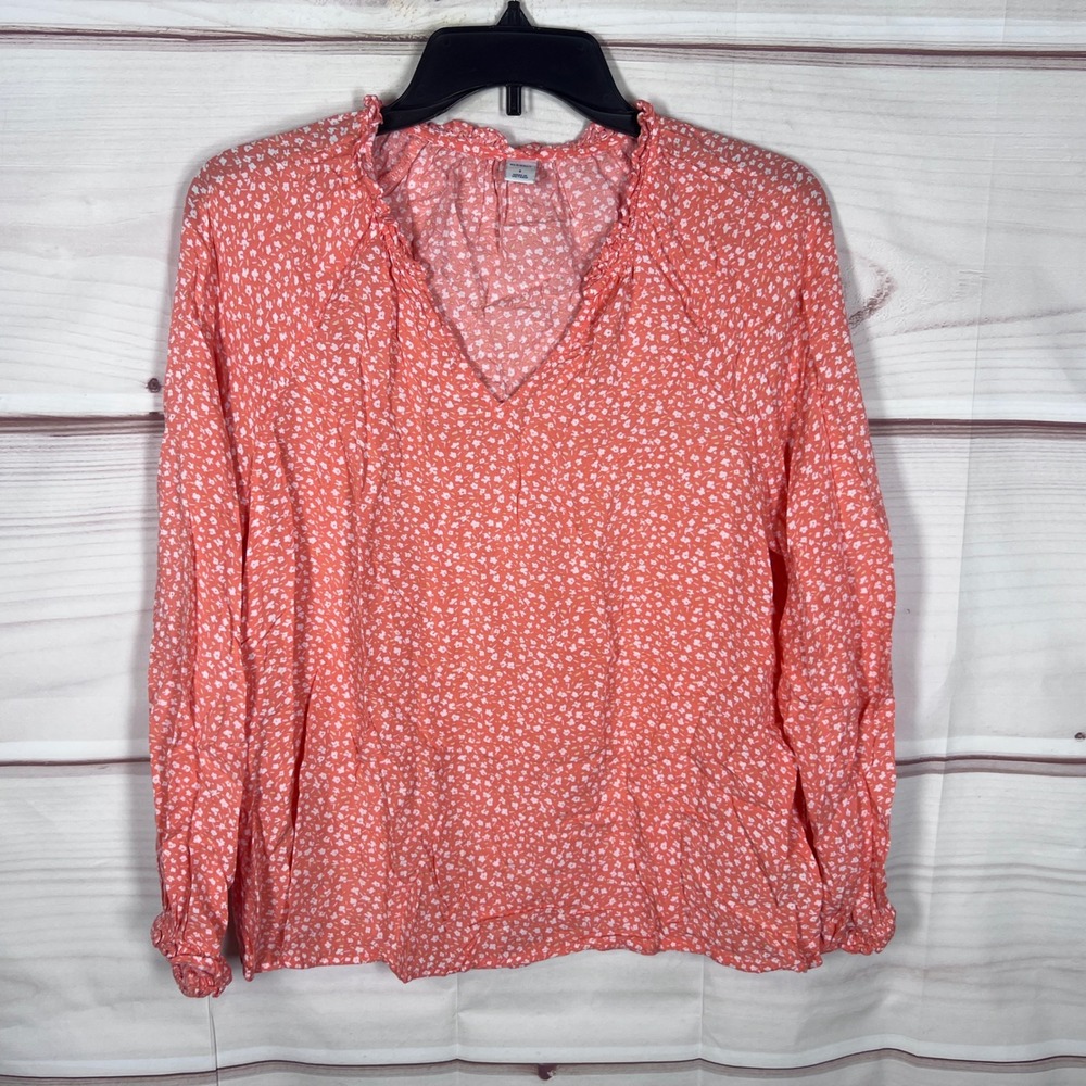 Old Navy Blouse Women Small Orange Floral V-Neck Long Sleeve Ruffle Trim Top